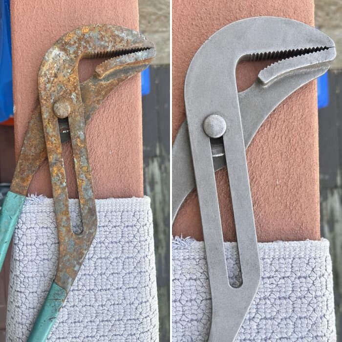 Wasserpumpenzange vor und nach der Behandlung mit dem Mittel