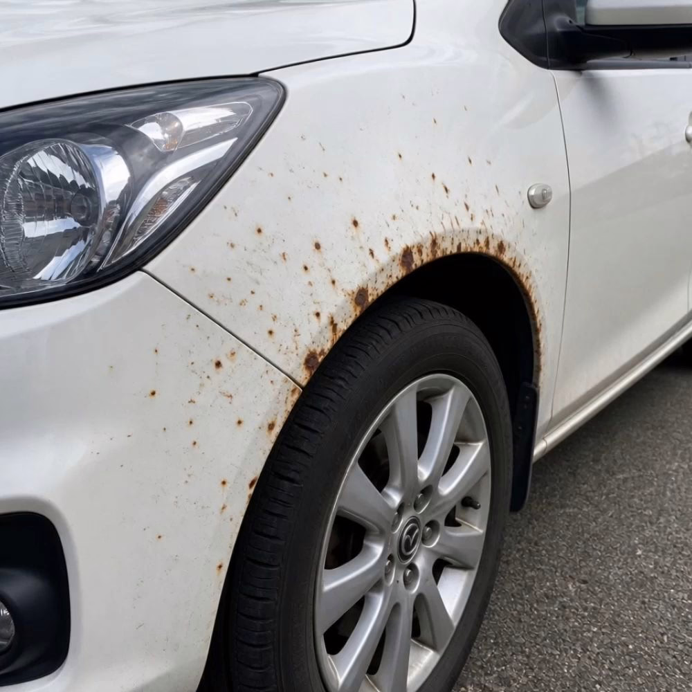 Autokotflügel mit Rostnarben rund um den Radlauf
